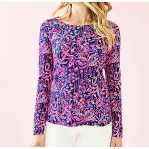 Lilly Pulitzer Sz XS Long‎ Sleeve Top Navy Pink Tropical Twist Back Cutout